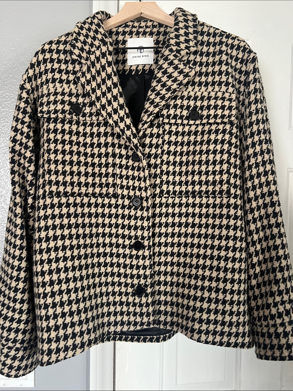 Anine Bing Black and Cream Houndstooth Blazer Jacket